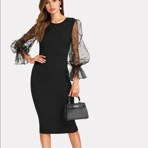 Faux Pearl Studded Mesh Lantern Sleeve Dress